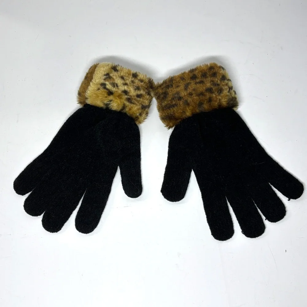 Knit Gloves Women One‎ Size Black Excellent Leopard Faux Fur Trim RM87227